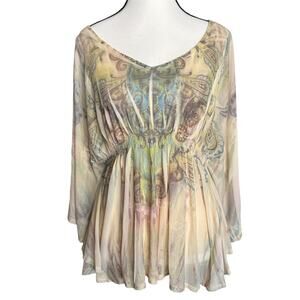 One World Paisley Tunic Top Womens Small Peasant Boho Festival Flowing Batwing